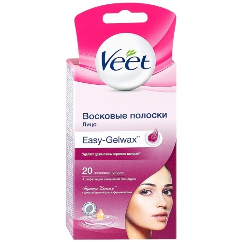 Восковые полоски Veet для чувствительных участков тела с ароматом бархатной розы и эфирными маслами Easy Gel-wax 20 шт.