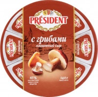 Сыр President плавленый с грибами 45%, 140г