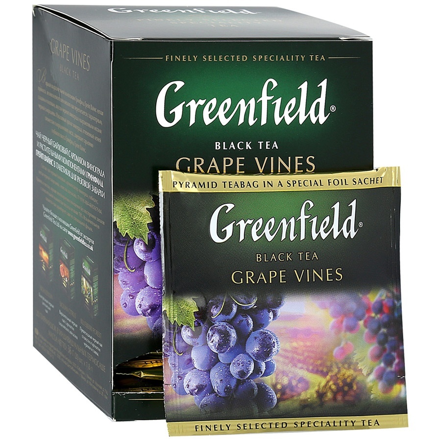 Вкусы чаев виды. Чай Гринфилд grape Vines черный 20пак.. Чай черный Гринфилд с виноградом в пирамидках. Festive grape чай Гринфилд. Чай черн пак Гринфилд 20пак*1,8г пирамидки грейп Вайнс.