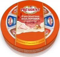 Сыр плавленый President Классическая коллекция 45%: сливочный, с ветчиной, с грибами 140г