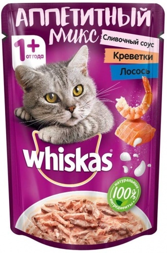Влажный корм для кошек Whiskas Аппетитный микс креветки и лосось со сливочным соусом 85г