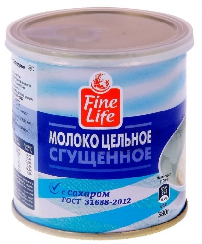 Молоко Fine Life цельное сгущенное с сахаром с крышкой ГОСТ 8,5%, 380г