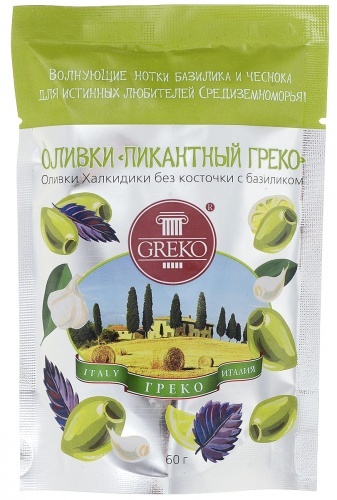 Оливки Greko Пикантный Греко сорта Халкидики без косточки с базиликом 60г