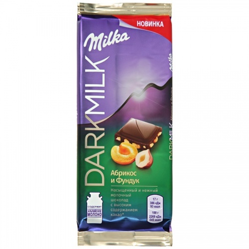 Шоколад Milka Dark Milk молочный с высоким содержанием какао с абрикосом и дробленым орехом 85г