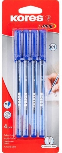 Ручка Kores K-1 шариковая синяя 0,7мм 4шт