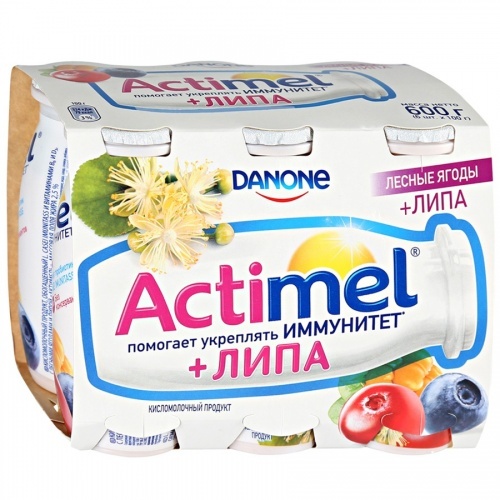 Кисломолочный продукт Actimel Лесные ягоды-липа 2,5%, 100г упаковка 6шт