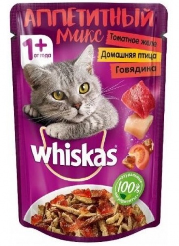 Влажный корм для кошек Whiskas Аппетитный микс томатное желе домашняя птица говядина 85г