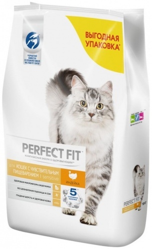 Сухой корм для взрослых кошек с чувствительным пищеварением Perfect fit с индейкой 10кг