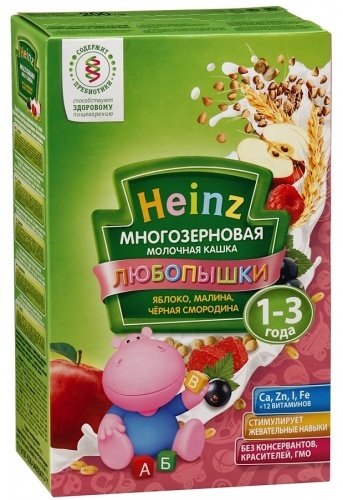 Каша Heinz Любопышки многозерновая молочная, яблоко, малина, черная смородина, 1-3 года 200г