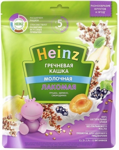 Каша Heinz Лакомая гречневая молочная с грушей абрикосом смородиной с 5 месяцев, 170г