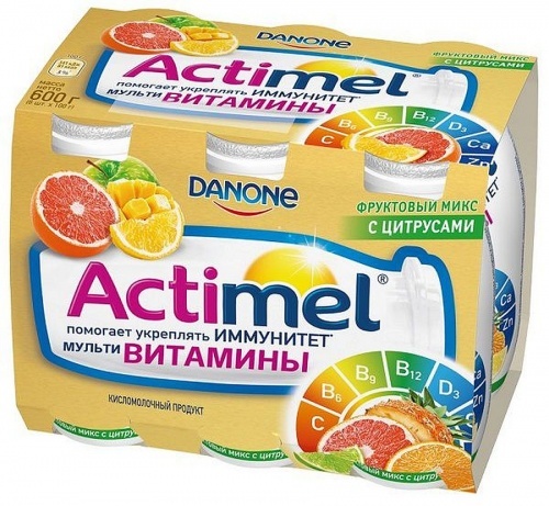 Напиток кисломолочный Actimel Фруктовый микс с цитрусами 2,5%, 6*100 г