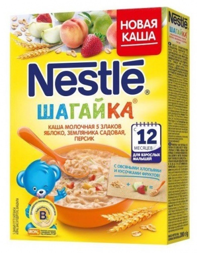 Каша Nestle Шагайка 5 злаков земляника яблоко персик молочная с 12 месяцев, 200г