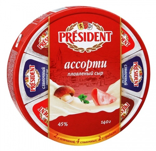 Сыр President плавленый ассорти ветчина/сливочный/грибы 45%, 140г