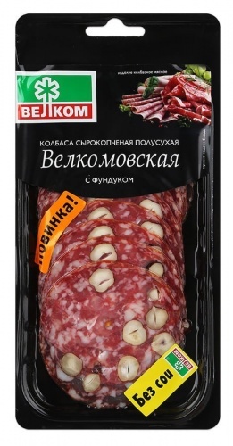 Колбаса Велком Велкомовская сырокопченая полусухая с фундуком нарезка 90г