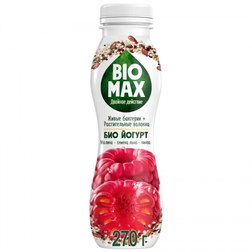 Биойогурт BioMax с малиной семенами льна и киноа 1.6% 270г