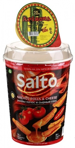 Чипсы кукурузные (томат) Salto Nachos Rolls and Cheese (роллы начос и сырный соус) 75г