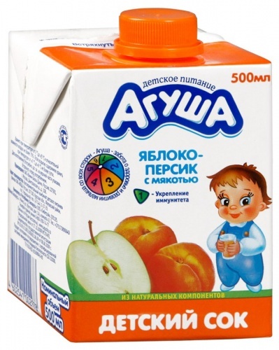 Сок Агуша яблоко и персик с мякотью, для детей с 3-х лет и взрослых 0,5л