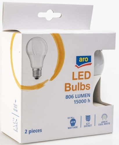 Лампа Aro LED груша холодный свет 8,5W, E27, 2шт