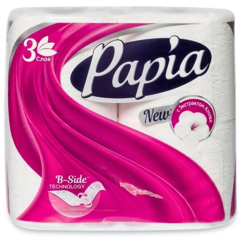 Туалетная бумага Papia Белая, 3 слоя, 4 рулона