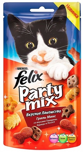 Лакомство для кошек Felix Party Mix "Гриль Микс" со вкусами говядины, курицы и лосося, 60г