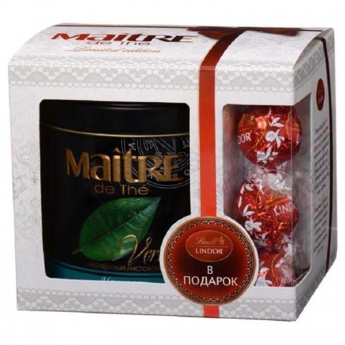 Набор подарочный Чай зеленый Maitre Наполеон листовой 100 г и конфеты Lindor 3 шт 37,5 г