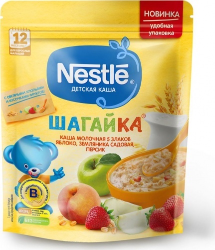 Каша Nestle Шагайка 5 злаков земляника яблоко персик молочная с 12 месяцев, 200г