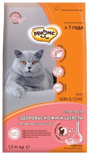 Сухой корм для взрослых кошек Мнямс Skin&coat Здоровье кожи и шерсти c лососем 1,5кг