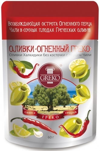 Оливки Greko Огненный Греко сорта Халкидики без косточки с перцем чили 60г