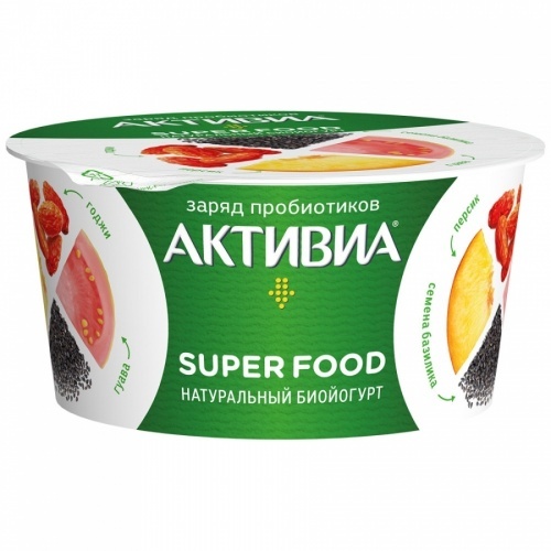 Биойогурт Активиа натуральный Super Food персик гуава ягоды годжи семена базилика 2.4% 140 г