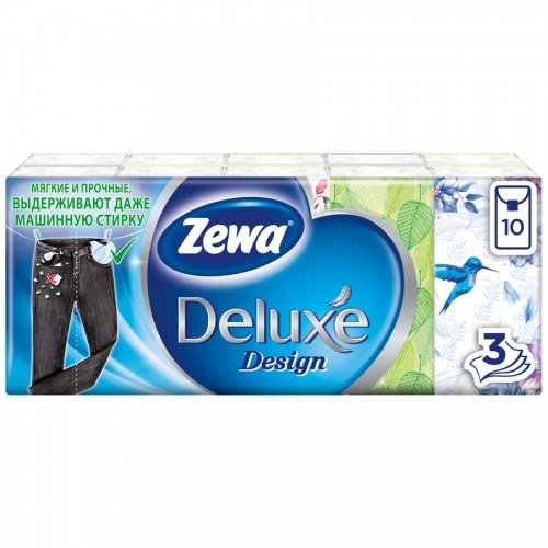 Платки носовые Zewa Deluxe бумажные, 3 слоя, 10 шт