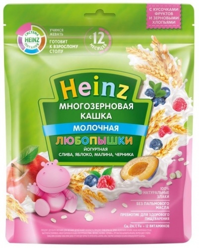 Каша Heinz Любопышки многозерновая йогуртная со сливой яблоком малиной и черникой молочная с 12 месяцев, 200г