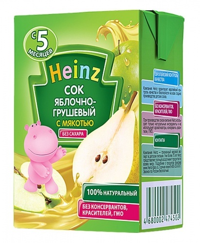 Сок Heinz яблочно-грушевый с мякотью без сахара для детей с 5 месяцев 200мл упаковка 3шт