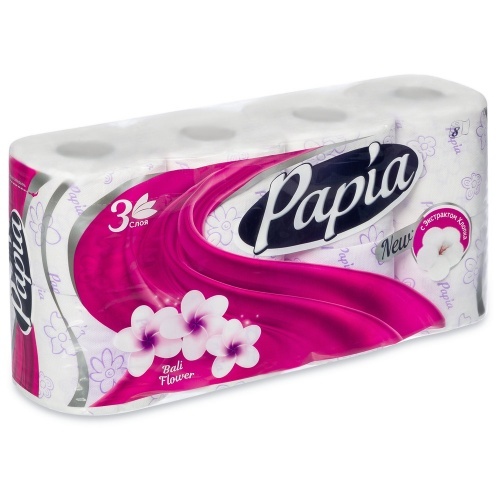 Туалетная бумага Papia "Балийский Цветок", 3 слоя, 8 рулонов