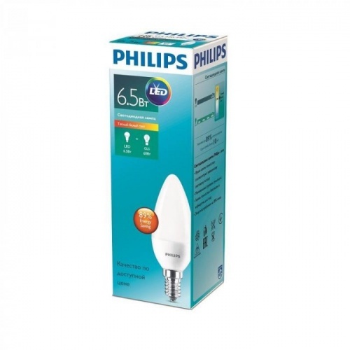 Лампа светодиодная Philips Свеча, 6,5W, E14, теплый свет 