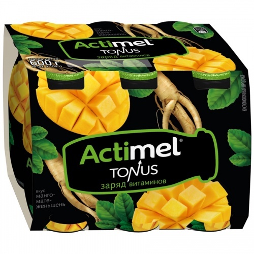 Продукт кисломолочный Actimel обогащенный Манго-экстракт мате-женьшень 2,5%, 6*100г