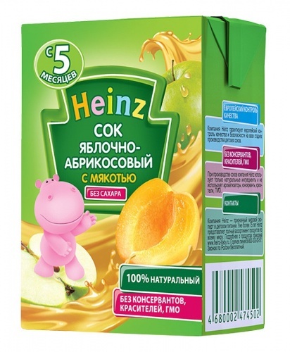 Сок Heinz яблочно-абрикосовый с мякотью без сахара для детей с 5 месяцев 200мл упаковка 3шт