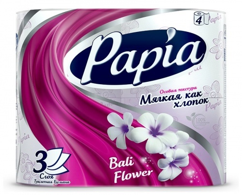 Туалетная бумага Papia "Балийский цветок", 3 слоя 4 рулона