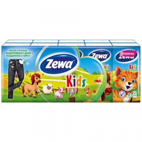 Платочки Zewa Plus kids бумажные детские 3 слоя 10шт упаковка 10шт